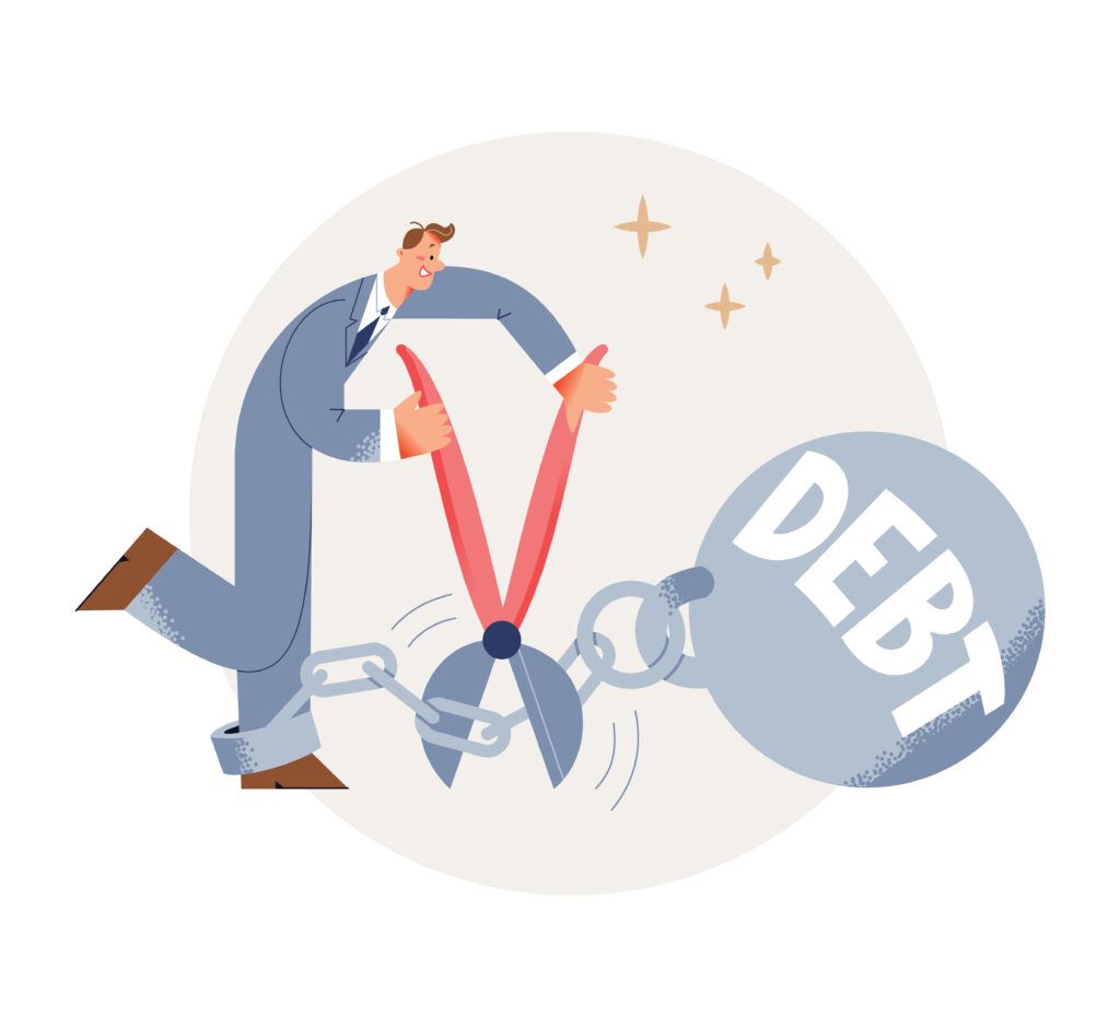 Freedom from debt ball of happy businessman illustration. Man in suit cutting long chain with scissors, financial free person breaking bank credit, business loan and tax heavy burden