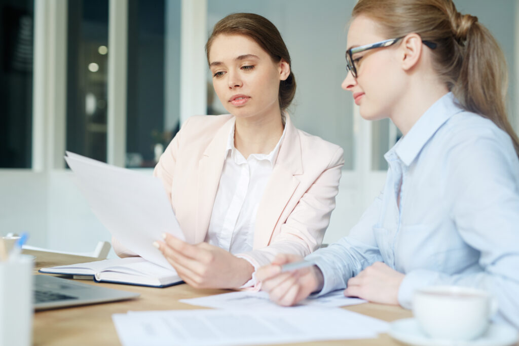 Two accountants discussing financial papers